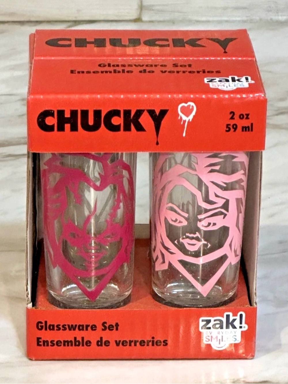 4 pk Chucky & Bride Of Chucky Gift Set Shot Glasses Set - 2 oz Valentines Horror